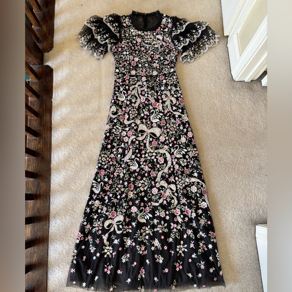 Needle & Thread Black Maxi Dress with Pink Floral Embroidery